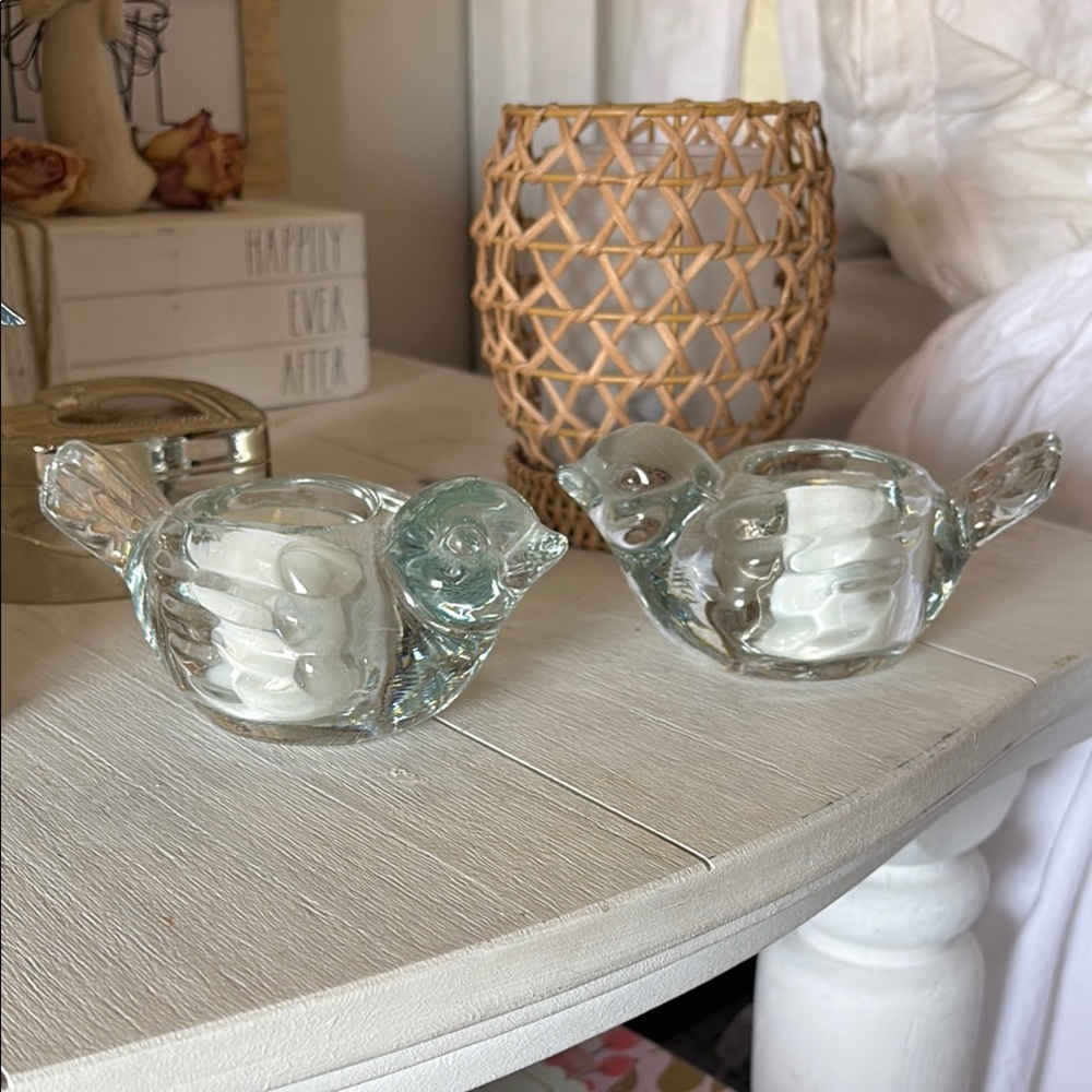 Glass Birds 2 Tea Light Holders HEAVY!
